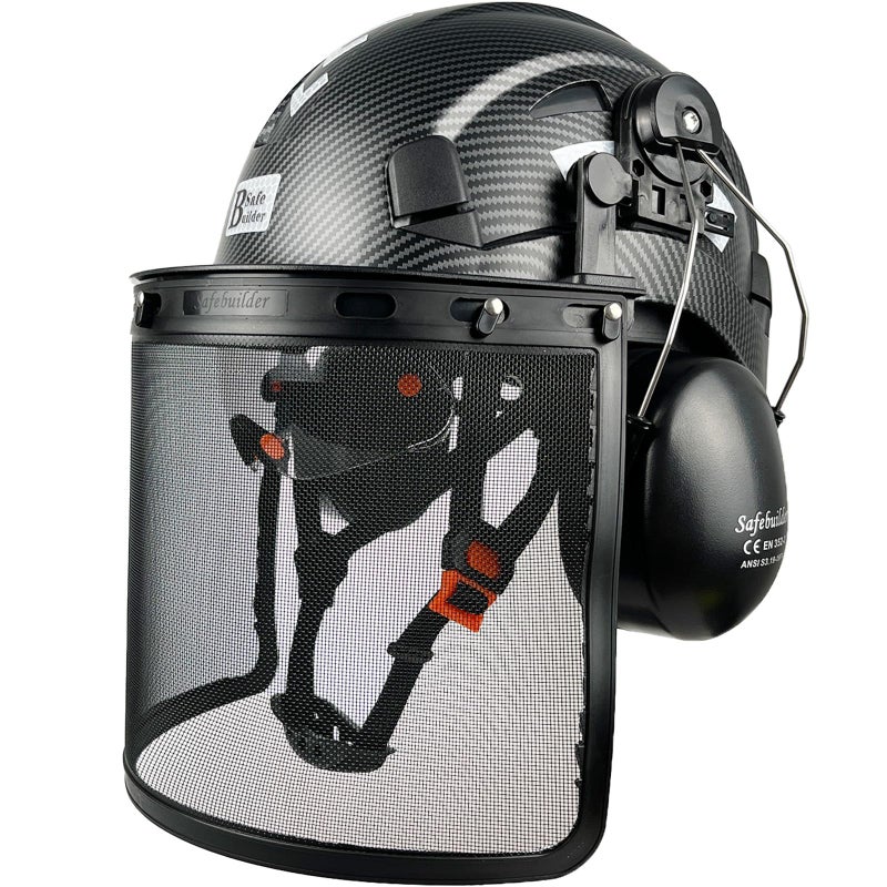 SAFEBUILDER Forestry Safety Helmet with Build in Visor and Mesh Face Shield and Ear Muffs 4 in 1 Forestry Hard Hat Chainsaw Work Helmet ANSI Z891 Matte BlackICVBR1Mesh Shield - Image 2