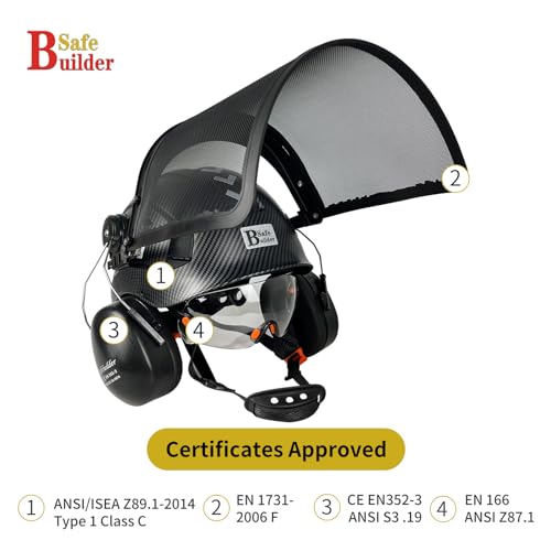 SAFEBUILDER Forestry Safety Helmet with Build in Visor and Mesh Face Shield and Ear Muffs 4 in 1 Forestry Hard Hat Chainsaw Work Helmet ANSI Z891 Matte BlackICVBR1Mesh Shield - Image 3