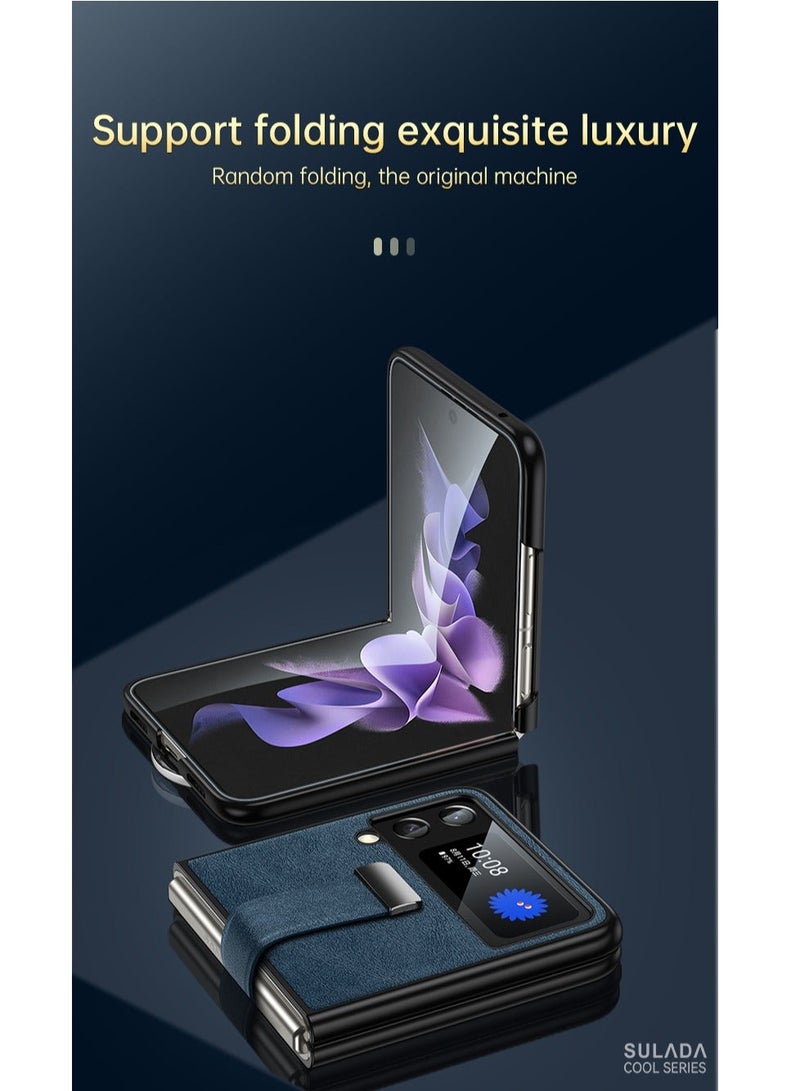 SULADA حافظة لجهاز سامسونج جالكسي Z فليب 4 5G جلد PU فاخر مع حزام معصم حافظة محمولة متينة تصميم بسيط رفيعة جداً غلاف واقي متوافق مع سامسونج جالكسي Z فليب 4 باللون الأزرق - Image 4