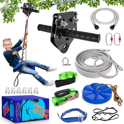X XBEN Zip line Kit for Kids and Adults Outdoor Up to 500Lbs 80FT Quick Tighten Zipline for Backyard with Removable Trolley Swing Seat Spring Brake Ratchet Strap - Image 1