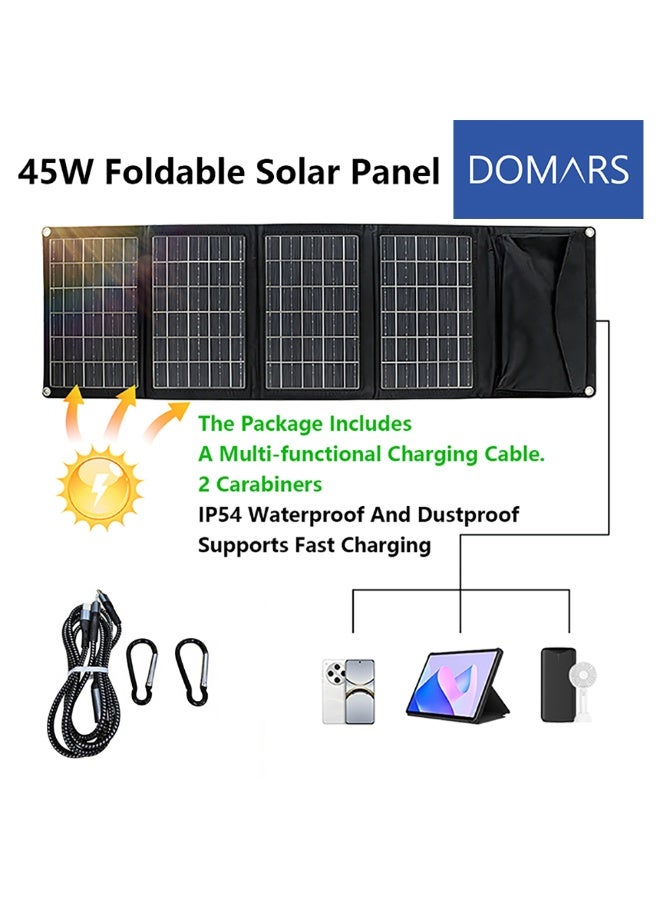 Domars 45W Portable Foldable Solar Panel,IP54 Waterproof & Dustproof, Portable Solar Charger with USB Outputs for Outdoor Camping,Compatible with iPhone 11/12/13/14/15/16/17,Hiking,Power Station（Black） - Image 1
