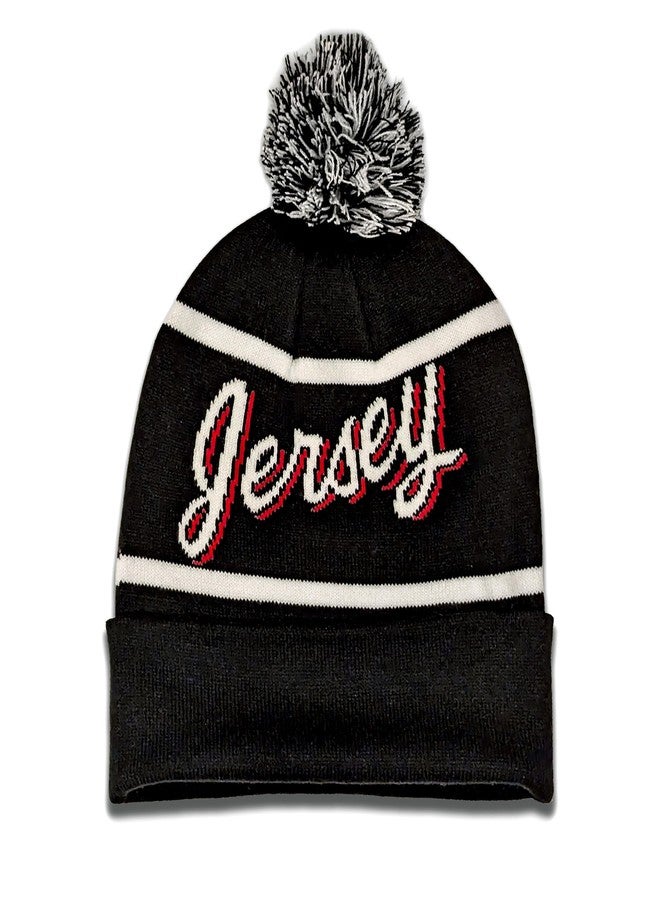 Hockey Beanie Hat - Alternate Black and White Color with Pom Pom and Jersey Script Comfortable and Fun Fan Gift. - Image 1