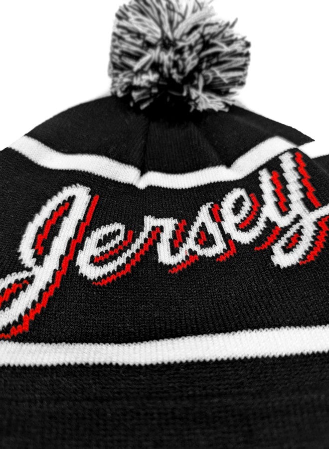 Hockey Beanie Hat - Alternate Black and White Color with Pom Pom and Jersey Script Comfortable and Fun Fan Gift. - Image 3