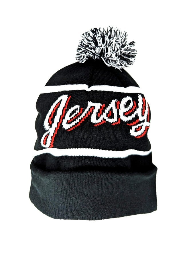 Hockey Beanie Hat - Alternate Black and White Color with Pom Pom and Jersey Script Comfortable and Fun Fan Gift. - Image 2