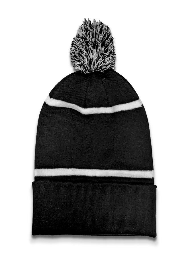 Hockey Beanie Hat - Alternate Black and White Color with Pom Pom and Jersey Script Comfortable and Fun Fan Gift. - Image 4