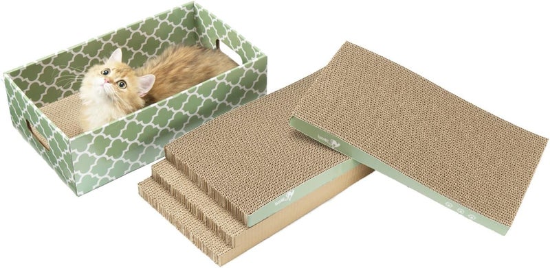 MECOOL Cat Scratching Board，5PC Cat Scratch Pad with Box，Reversible Corrugated Cat Scratcher Cardboard and Lounge Bed for Indoor Cats, Catnip - Image 1
