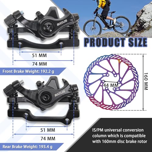 BUCKLOS MTB Bike Disc Brake kit, Mechanical Disc Brakes Aluminum Alloy Caliper for Mountain Bike with 160mm Stainless Steel Rotor/Floating Rotors and is/PM Universal Conversion Adapter (Front+Rear) - Image 3