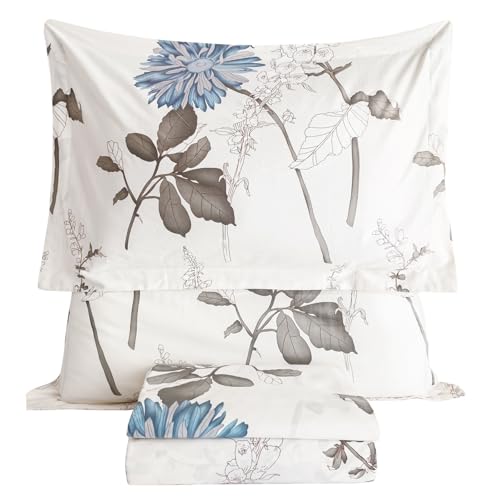 Lady Ann 100% Cotton Floral King Size Sheets Set Deep Pockets, Blue Flowers Printed on Off White Pattern Cotton Cottagecore Bedding Sheets for King Size Bed Cozy Botanical Bed Sheets - Image 1