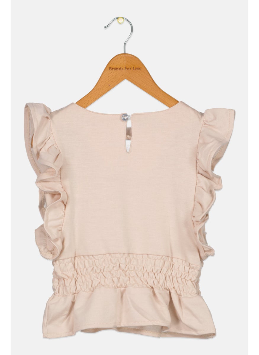 Joe's Toddlers Girl Round Neck Flutter Sleeve Plain Top, Beige  - Image 2