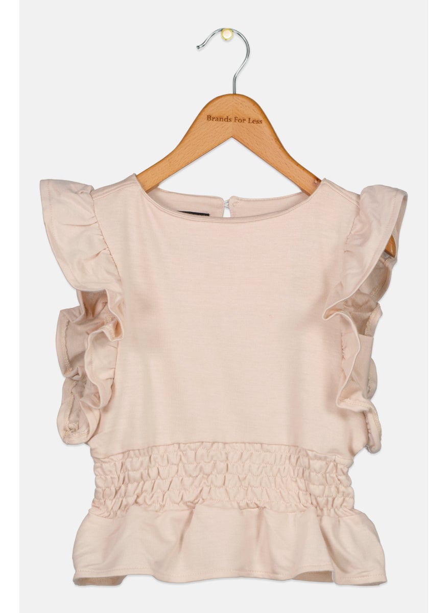 Joe's Toddlers Girl Round Neck Flutter Sleeve Plain Top, Beige  - Image 1
