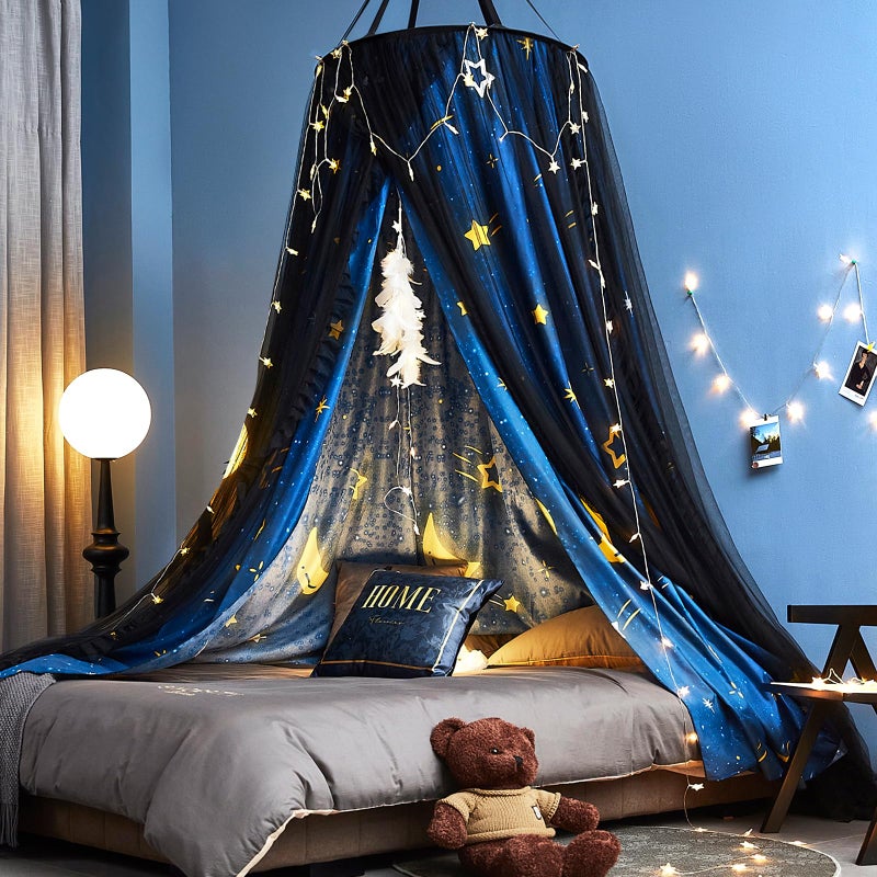 Kertnic Gorgeous Star Printed Bed Canopy for Girls  Adults Room Decorative Cozy Bed Curtain Canopy Drapes Round Dome Luxurious Lace Princess Canopies Mosquito Netting Star