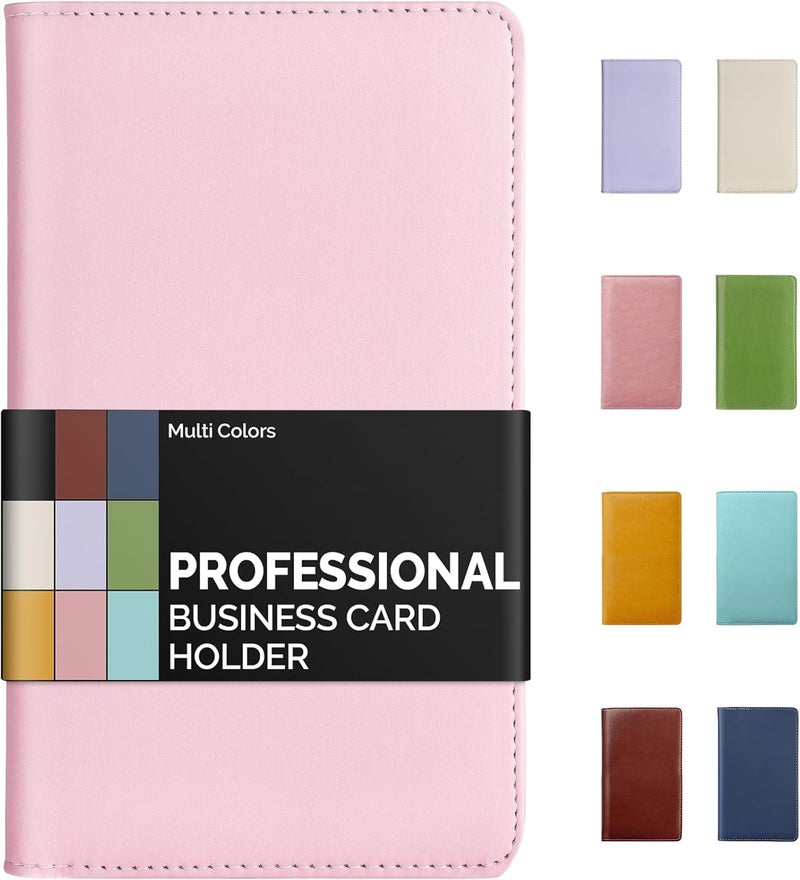 Sooez Leather Professional Business Card Book Holder Organizer, 240 Capacity Credit Card Booklet, PU Name Cards Holder Storage File for Men Women, Pink - Image 1