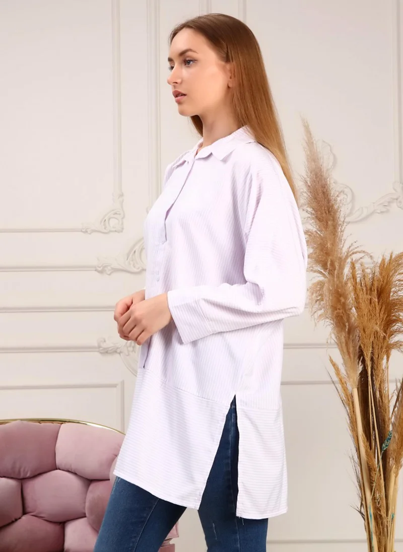 Bwest Lilac - Stripe - Cuban Collar - Blouses - Bwest