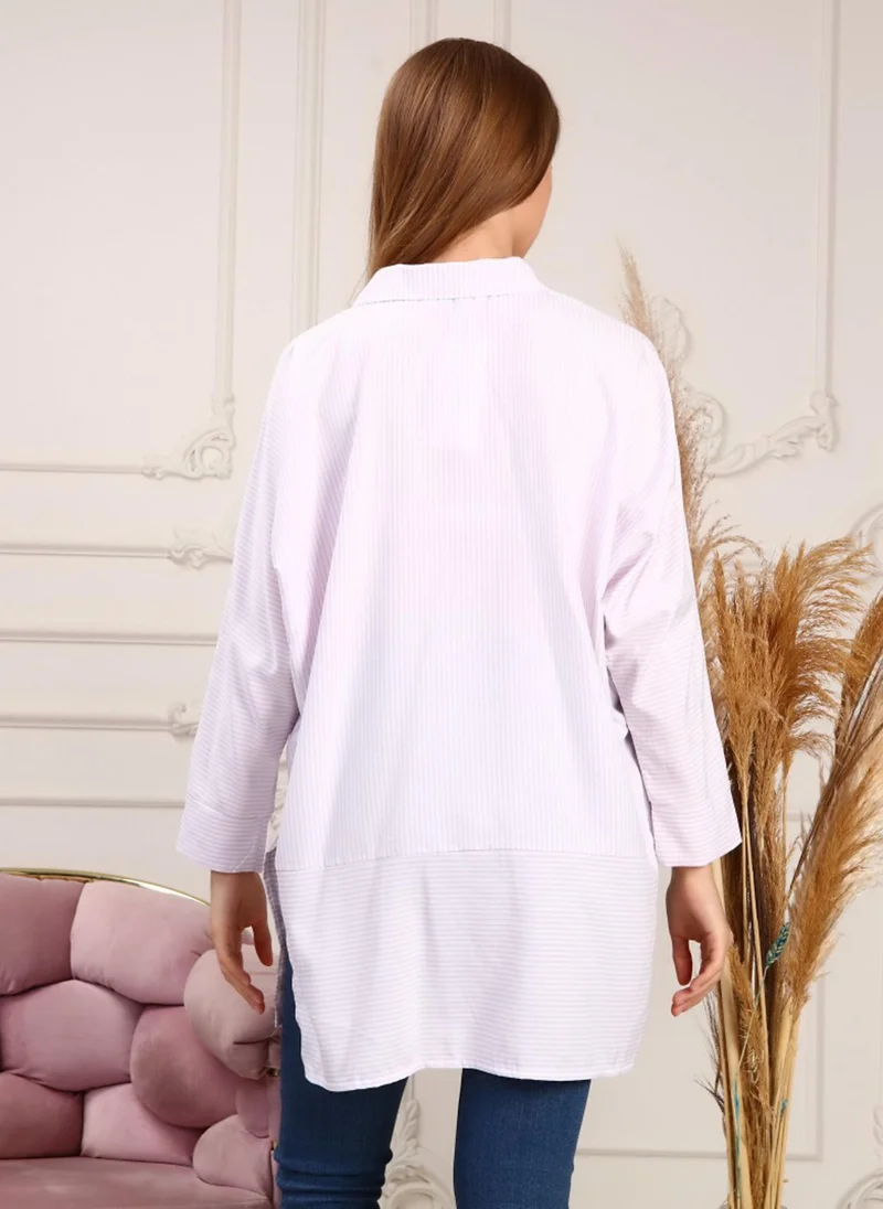 Bwest Lilac - Stripe - Cuban Collar - Blouses - Bwest