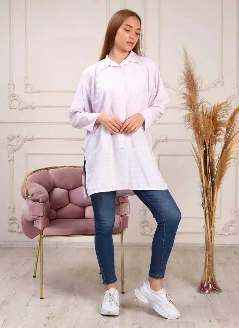 Bwest Lilac - Stripe - Cuban Collar - Blouses - Bwest