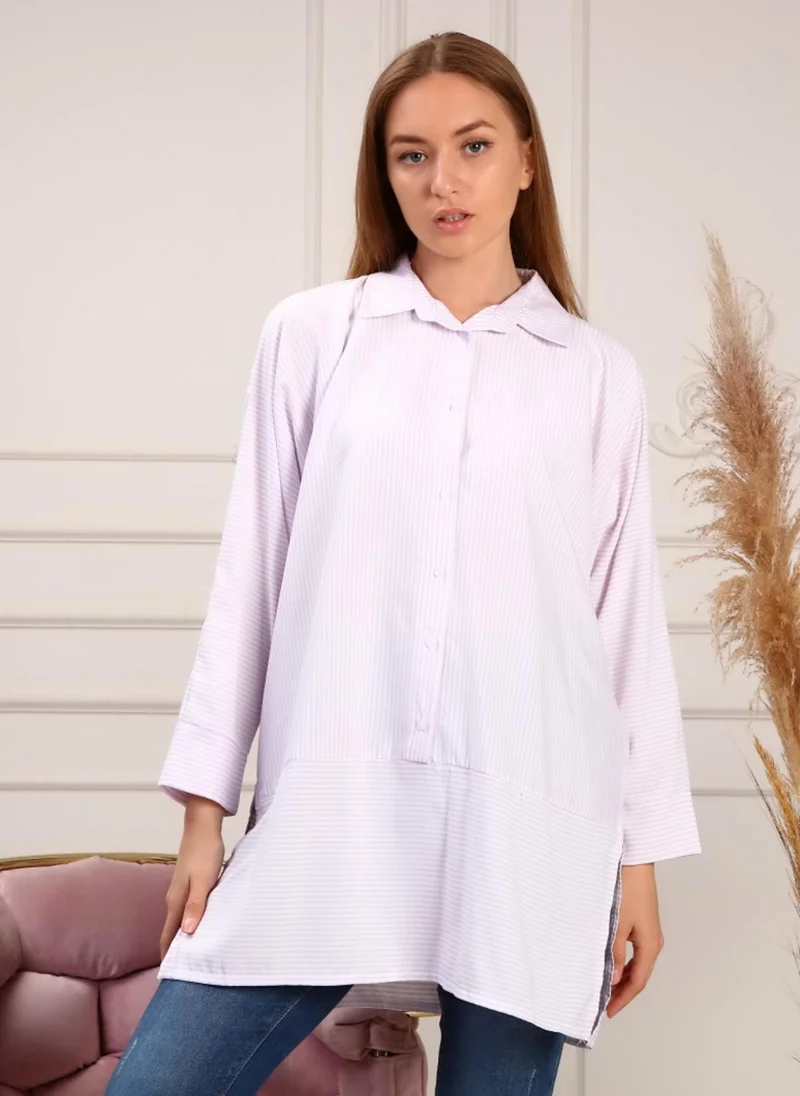 Bwest Lilac - Stripe - Cuban Collar - Blouses - Bwest
