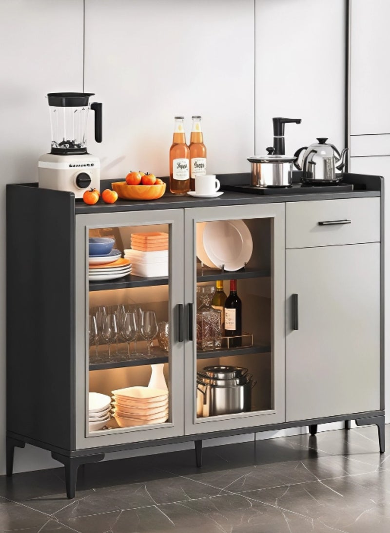 إيونتو خزانة تخزين رمادية عصرية بثلاثة أبواب (اثنان أكريليك) ودرج - خزانة جانبية من خشب MDF بأرجل معدنية، خزانة متعددة الاستخدامات للمدخل والمطبخ وغرفة الطعام وغرفة المعيشة، 100×92×34 سم - Image 1