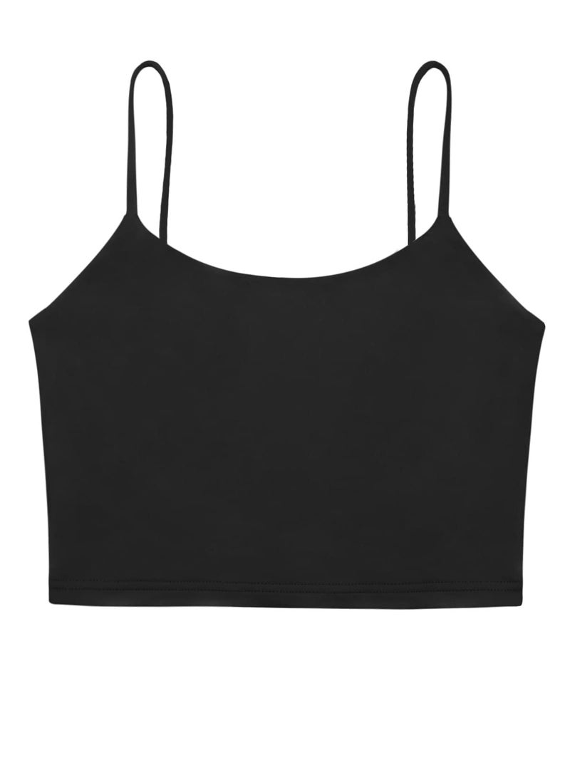 REORIA Women's Summer Basic Sleeveless Adjustable Spaghetti Strap Cami Camisole Fitted Seamless Yoga Cropped Tank Cute Crop Tops for Teen Girls Black Small - Image 5