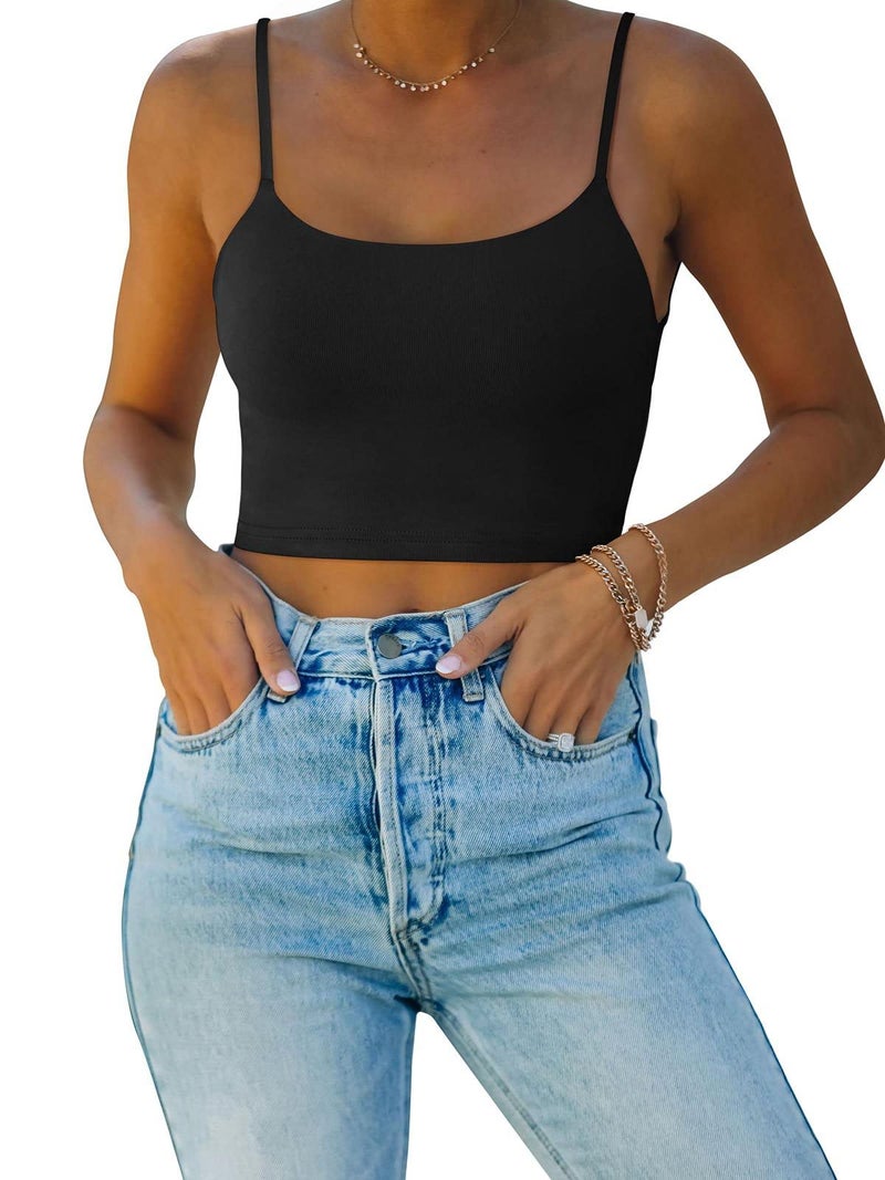 REORIA Women's Summer Basic Sleeveless Adjustable Spaghetti Strap Cami Camisole Fitted Seamless Yoga Cropped Tank Cute Crop Tops for Teen Girls Black Small - Image 1
