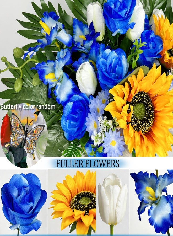 HENOMO Artificial Cemetery Flowers – Vibrant Sunflower Tulip, Outdoor Grave Decorations - 1 Blue Gravesite Bouquet with Vase - Image 4