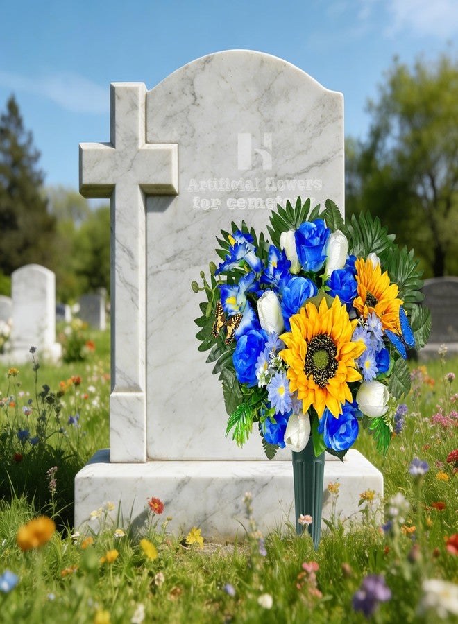HENOMO Artificial Cemetery Flowers – Vibrant Sunflower Tulip, Outdoor Grave Decorations - 1 Blue Gravesite Bouquet with Vase - Image 2