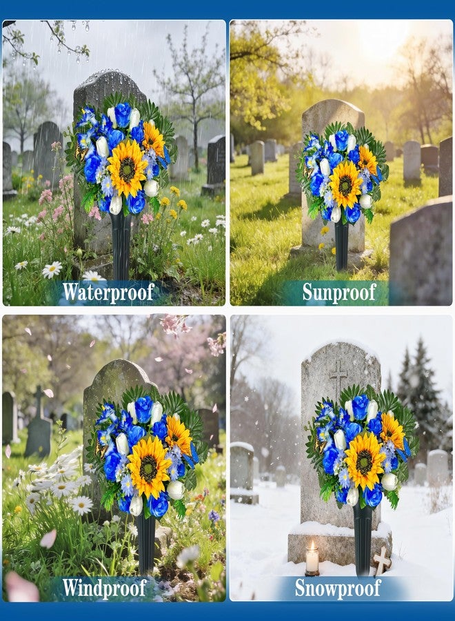 HENOMO Artificial Cemetery Flowers – Vibrant Sunflower Tulip, Outdoor Grave Decorations - 1 Blue Gravesite Bouquet with Vase - Image 3