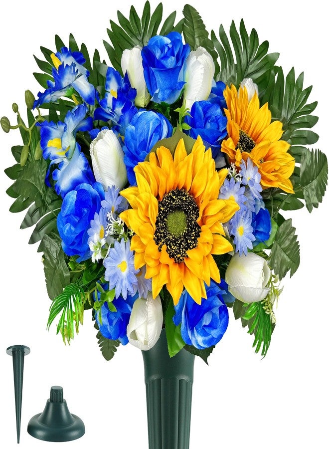 HENOMO Artificial Cemetery Flowers – Vibrant Sunflower Tulip, Outdoor Grave Decorations - 1 Blue Gravesite Bouquet with Vase - Image 1