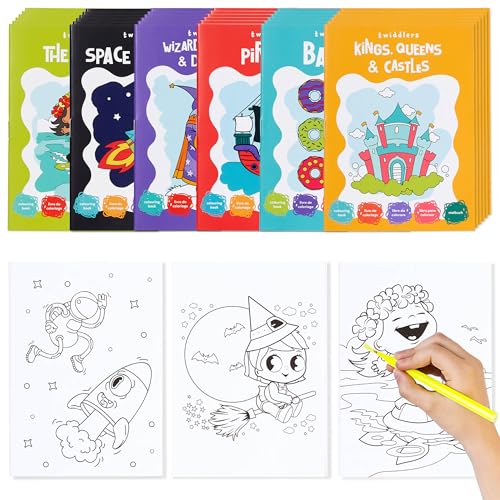 THE TWIDDLERS 24 Pack 6 Themes Bulk Mini Coloring Books for Kids Ages 3 Includes Castles Dragons Space Pirate Baking Beach Coloring Book Party Favor Classroom Activity Books - Image 1