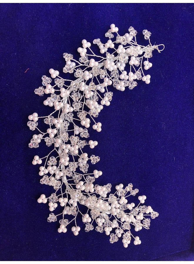 Samyak Crystal Pearl Hair Pins Hair Accessory Set Vine Tiara Beaded Headdress For Girls Brides Bridesmaid Wedding Handmade Design (White) - Image 3