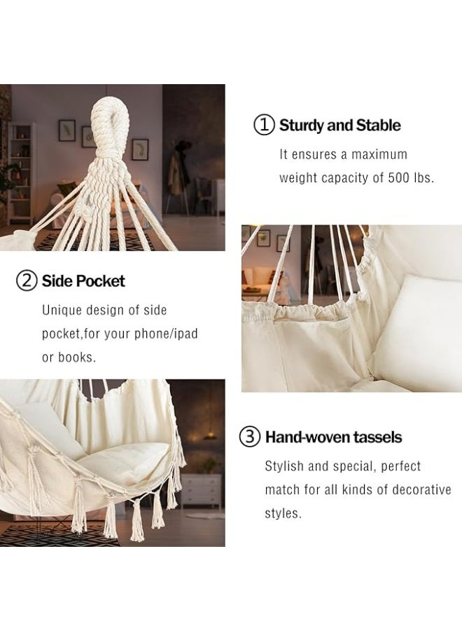 انتيكيانو كرسي مرجيحة معلق بحبل  مع 2 مخدة ومجموعات أدوات تركيب، قوي ومتين منسوج يدويا من القطن الناعم، كرسي معلق مكرمية للاستخدام في الأماكن المغلقة والمفتوحة، لون بيج - Image 2