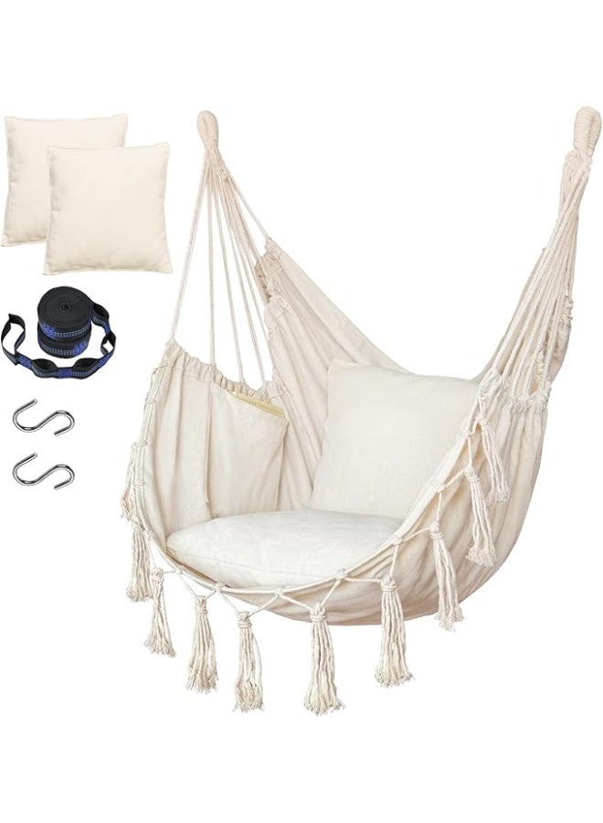 انتيكيانو كرسي مرجيحة معلق بحبل  مع 2 مخدة ومجموعات أدوات تركيب، قوي ومتين منسوج يدويا من القطن الناعم، كرسي معلق مكرمية للاستخدام في الأماكن المغلقة والمفتوحة، لون بيج - Image 4