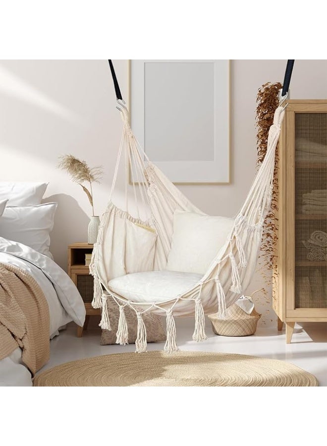 انتيكيانو كرسي مرجيحة معلق بحبل  مع 2 مخدة ومجموعات أدوات تركيب، قوي ومتين منسوج يدويا من القطن الناعم، كرسي معلق مكرمية للاستخدام في الأماكن المغلقة والمفتوحة، لون بيج - Image 3
