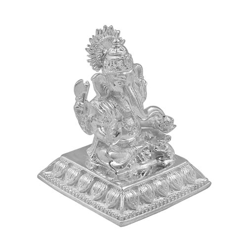 MAA SILVER Pure Silver Ganesha Ganpati ji BIS Hallmarked Solid Idol/Murti with Designer Square Base Paat Perfect for Gifting & Pooja Use (925 Purity)(85 Grams Silver) - Image 2
