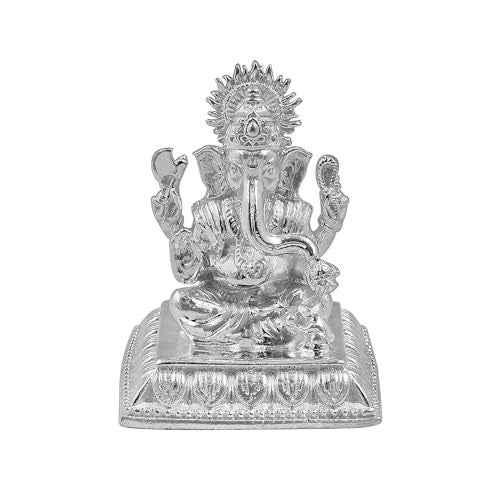 MAA SILVER Pure Silver Ganesha Ganpati ji BIS Hallmarked Solid Idol/Murti with Designer Square Base Paat Perfect for Gifting & Pooja Use (925 Purity)(85 Grams Silver) - Image 1