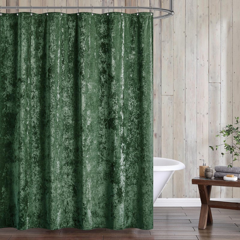 Fredsure Distressed Velvet Shower Curtain Set, 13 Pieces Blackish Green Including 1 Piece 72"x72" Shower Curtain and 12 Pieces Silver Hooks - Image 1