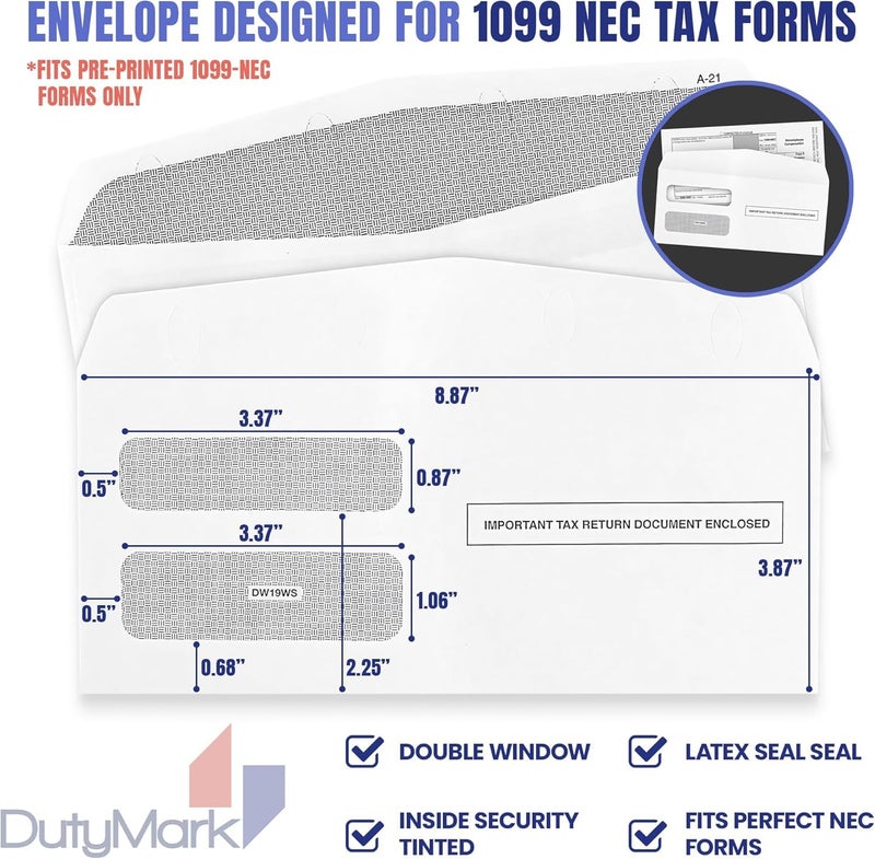 Dutymark 1099 Nec Envelopes 2025 Self Seal, Designed for 1099 3 UP NEC Tax Forms, 3 13/16â€™â€™ x 8 7/8â€™â€™ Double-Window, Security tinted, 25 Pack 1099 Envelpes - Image 3