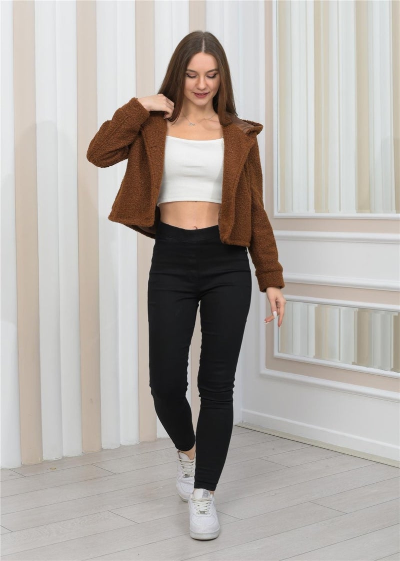 Nuseel New Season Plush Curly Crop Hooded Coat Brown  - Image 2