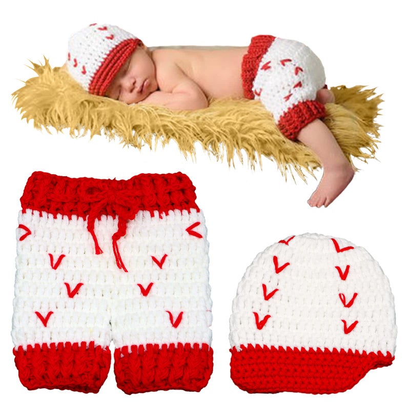 SPOKKI 2 PCS Newborn Photography Outfits Baby Boys Photography Prop Crochet Knitted Cowboy Vest Shoes Baseball Hat Shorts Overalls Costume B