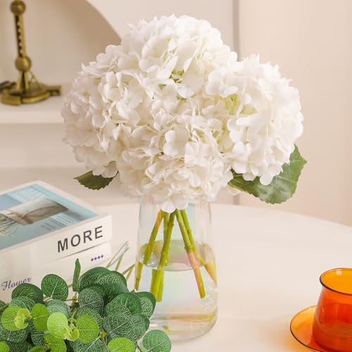 Tifuly 4pcs Fake Hydrangea with Vase -3D Real Touch Faux Hydrangea Flowers and 3pcs Eucalyptus Stems for Wedding Centerpiece Home Party Table Decoration（White） - Image 3