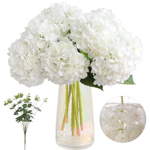 Tifuly 4pcs Fake Hydrangea with Vase -3D Real Touch Faux Hydrangea Flowers and 3pcs Eucalyptus Stems for Wedding Centerpiece Home Party Table Decoration（White） - Image 1