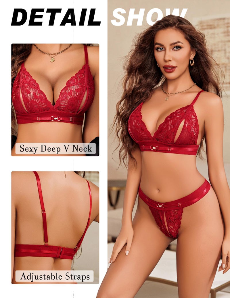 GIRLFRIEND Lingerie for Women Floral Lace Bra and Panty Sets 2 Piece Babydoll Underwear Maroon - Image 4