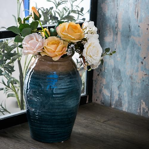 Tanvecle Blue Floor Vase, Ceramic Glazed Large Vase for Modern Farmhouse Home Decor, Rustic Terracotta Pottery, Vintage Clay Vase for Living Room Entryway Centerpiece - Image 5
