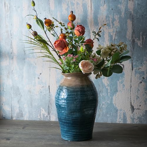 Tanvecle Blue Floor Vase, Ceramic Glazed Large Vase for Modern Farmhouse Home Decor, Rustic Terracotta Pottery, Vintage Clay Vase for Living Room Entryway Centerpiece - Image 2