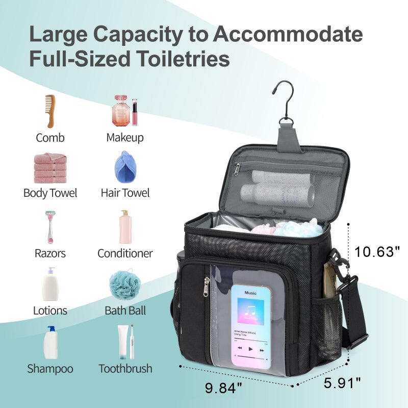 F-Color Shower Caddy Portable - College Dorm Essentials For Guys With Hooks  Soft Crossbody Shoulder Strap  Multiple Pockets  Quick-Dry Shower Caddy For Dorm Travel Essentials  Black - Image 2
