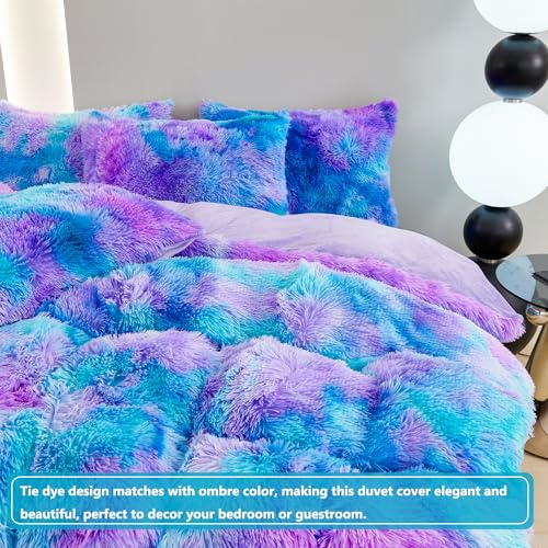 SUCSES Plush Shaggy Bedding Duvet Cover Set for Teens Girls, 3Pcs Faux Fur Fluffy Velvet Comforter Cover Set, Blue Purple Tie Dye Furry Bed Sets for Kids Teens (Blue Purple, Full) - Image 4