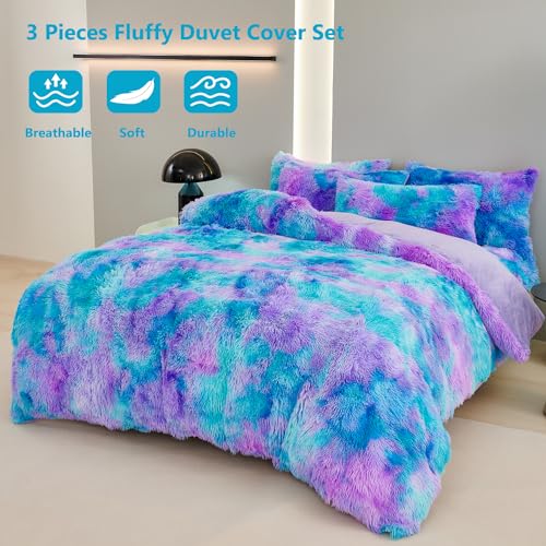 SUCSES Plush Shaggy Bedding Duvet Cover Set for Teens Girls, 3Pcs Faux Fur Fluffy Velvet Comforter Cover Set, Blue Purple Tie Dye Furry Bed Sets for Kids Teens (Blue Purple, Full) - Image 3