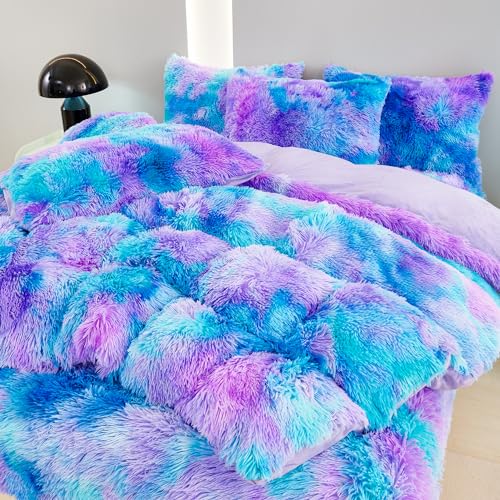 SUCSES Plush Shaggy Bedding Duvet Cover Set for Teens Girls, 3Pcs Faux Fur Fluffy Velvet Comforter Cover Set, Blue Purple Tie Dye Furry Bed Sets for Kids Teens (Blue Purple, Full) - Image 1
