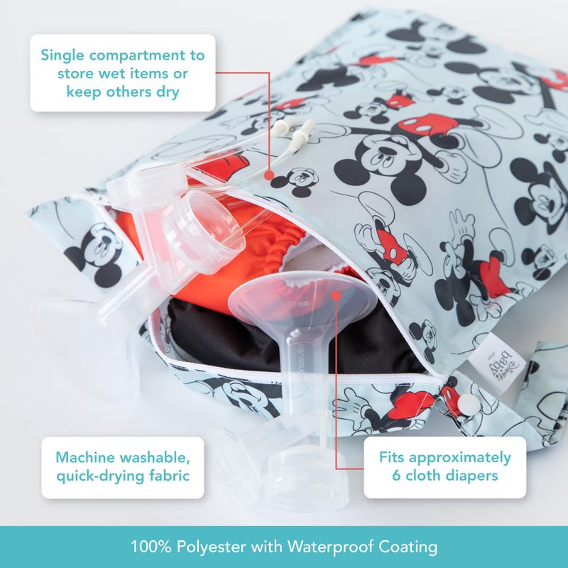 Bumkins Disney Waterproof Wet Bag for Baby, Travel, Swim Suit, Cloth Diapers, Pump Parts, Pool, Gym Clothes, Toiletry, Strap to Stroller, Daycare, Zipper Reusable Bag, Packing Pouch, Mickey Mouse - Image 3