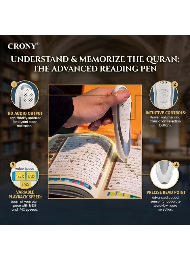 كروني قلم قراءة القرآن الرقمي Crony M9 - قلم قراءة ناطق بسعة 8 جيجابايت مع منفذ USB، طقم هدايا يتضمن مكبر صوت MP3 للصلاة الإسلامية مع ترجمة عربية وقراء متعدد اللغات، بالإضافة إلى كتاب وسماعات أذن للأطفال والكبار وكبار السن. - Image 5