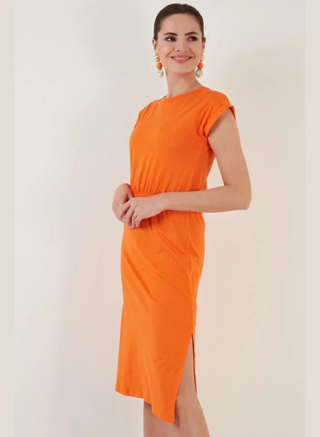 ليلا فستان ميدي بأكمام قصيرة وشقين مزدوجين من قطن ليلا للنساء